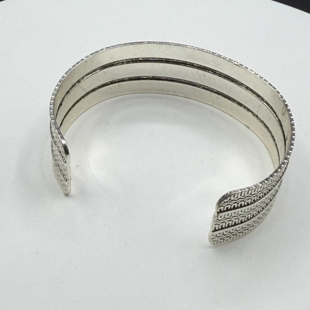 Silver Tone Wide Etched Cuff Bracelet Tribal Boho Textured Statement Jewelry